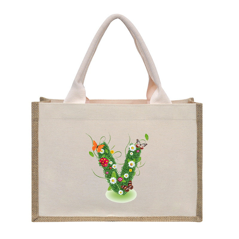Cotton and linen canvas tote bag, printed letter tote bag, portable light handbag, gift shopping bag - SJB-DIAMOND ELITES