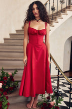 Sleeveless Strapless Bandage Corset Dress - Floral Print Long Midi Dress with Lace Up Back & Thigh Slit