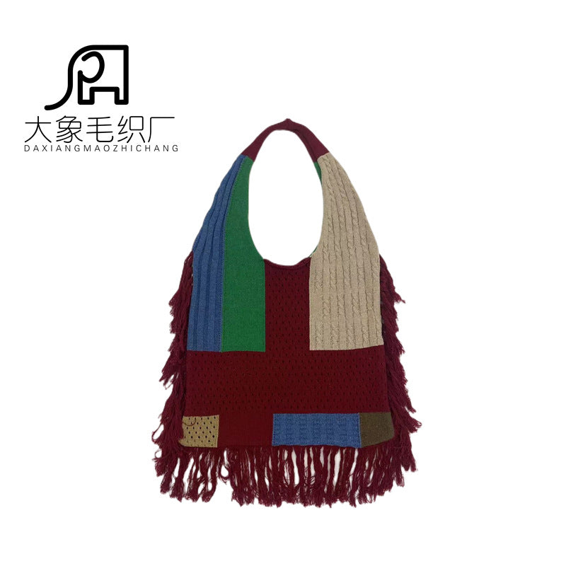 Tassel bag women, splicing knitted shoulder bag, simple and versatile retro knitted bag hobo - SJB-DIAMOND ELITES