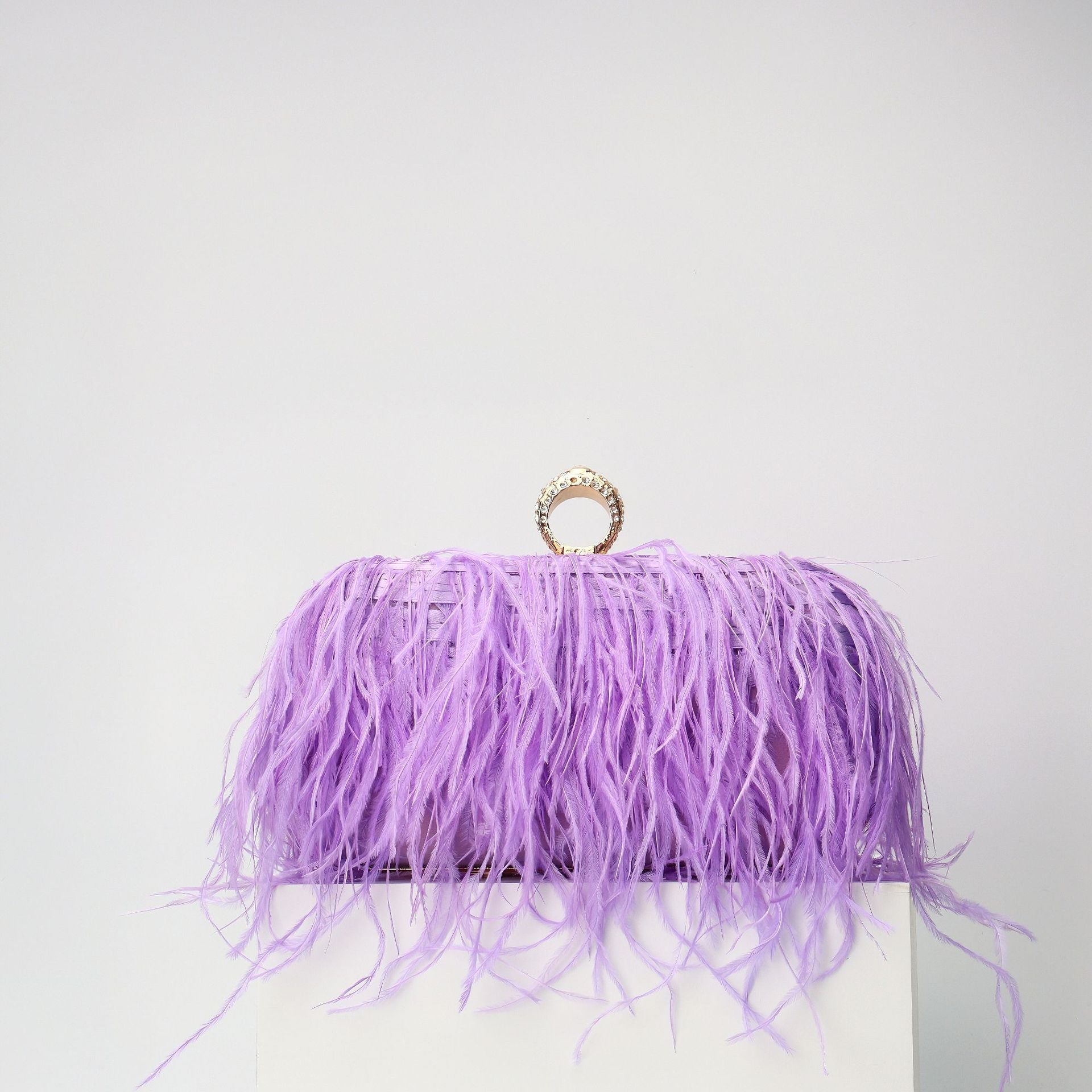 Elegant Ostrich Hair Ring Box – Small Square Bag with Chain Crossbody Shoulder Velvet Evening Clutch Purse, Perfect for Dinner, Casual Outings, Party Events, and Prom Nights - SJB-DIAMOND ELITES