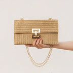 Bag ladies holiday shoulder bag, chain flip lock square purse, straw bag hobo shoulder bag women