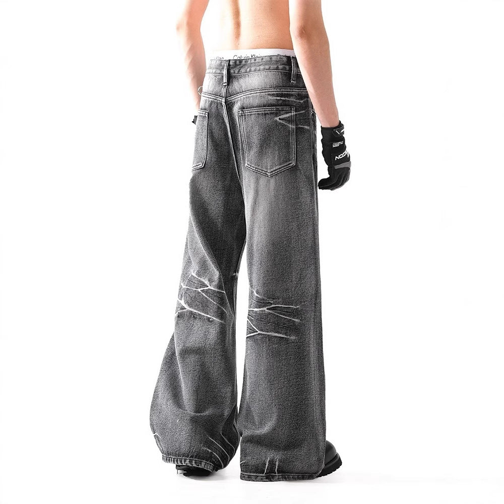 Loose Micro-flared Washed Distressed Lightning Jeans Lootquake LLC