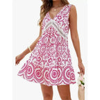 Women's Elegant Printed Hollow Lace V-neck Sleeveless Dress Lootquake LLC