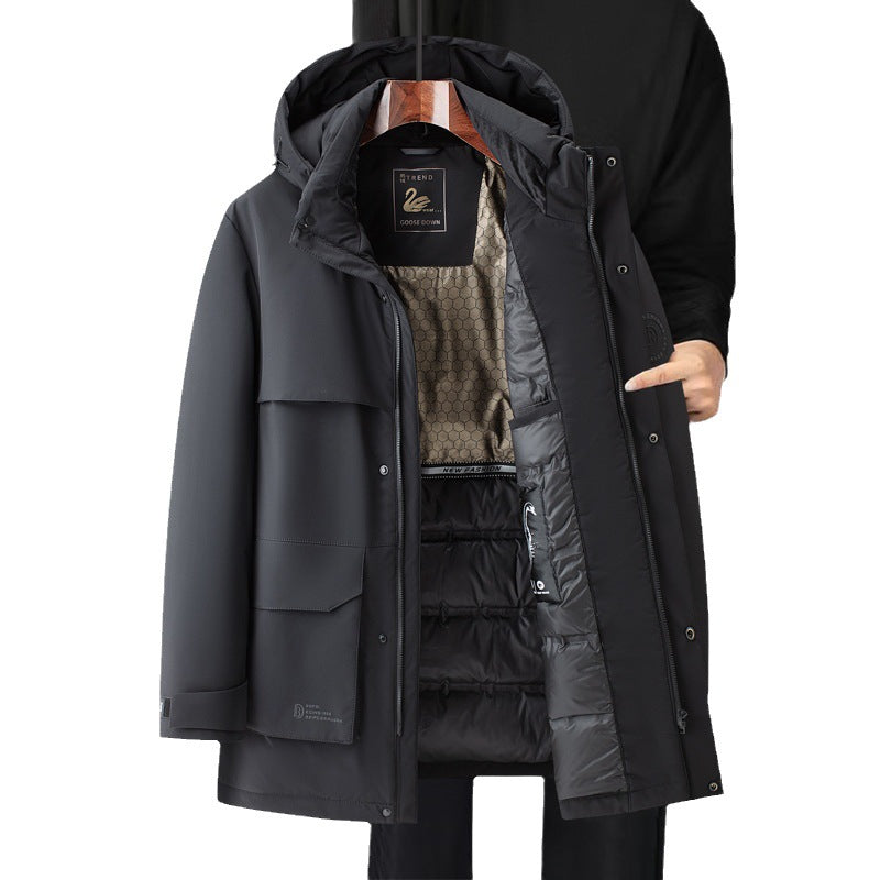 Men's Mid-Length Down Jacket - Lightweight Warm Winter Coat in Black & Navy (White Goose Feather Filled)