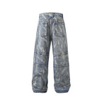 Street Fashion Hip Hop Inkjet Washed Distressed Stitching Straight Jeans Lootquake LLC