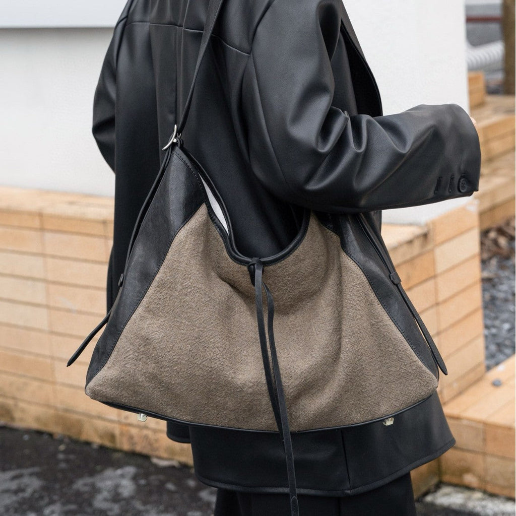 Linen Splicing Vegetable Tanned Cowhide Bag, Large Capacity Casual Bucket Bag, Underarm Shoulder Tote Bag, Hobo Bag for Women - SJB-DIAMOND ELITES