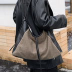 Linen Splicing Vegetable Tanned Cowhide Bag, Large Capacity Casual Bucket Bag, Underarm Shoulder Tote Bag, Hobo Bag for Women - SJB-DIAMOND ELITES