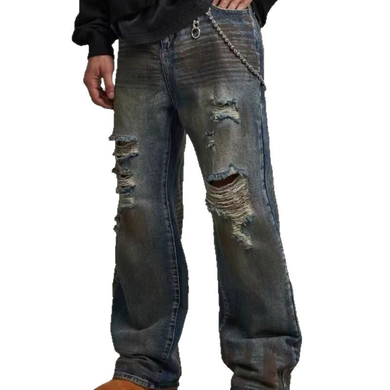 Loose Straight Slim-fit Waste Soil Blue With Holes Jeans Lootquake LLC