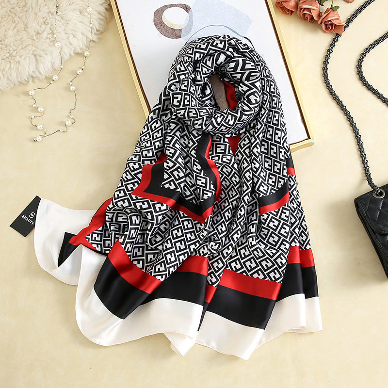 Vegan Silk scarf female classic wild houndstooth print long scarf holiday literary beach towel shawl SHOMICOBOUTIQUE