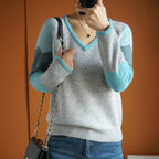 Contrast Color Woolen Sweater Women V-neck Pullover Patchwork Color Thermal Knitting Sweater Women Pi-Mart