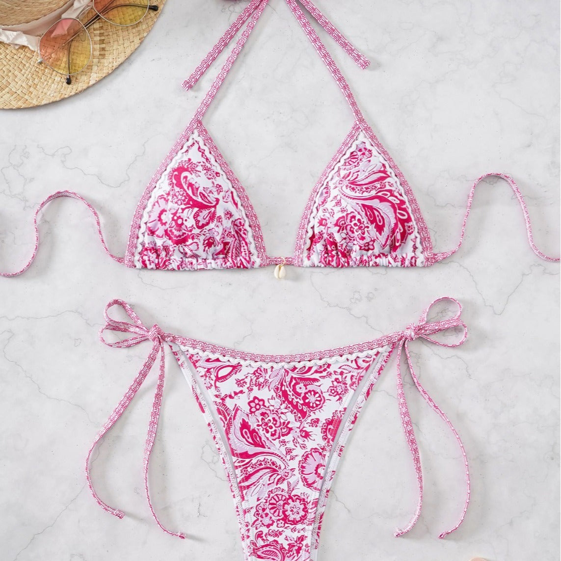 Contrasting Print Strap Sexy Bikini Split Swimsuit Batwing Short Sleeve Shirt W Plants Print