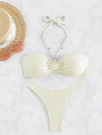 Sexy Solid Neck Ladies Beach bikini Ruched Bust Halter Bikini Swimsuit