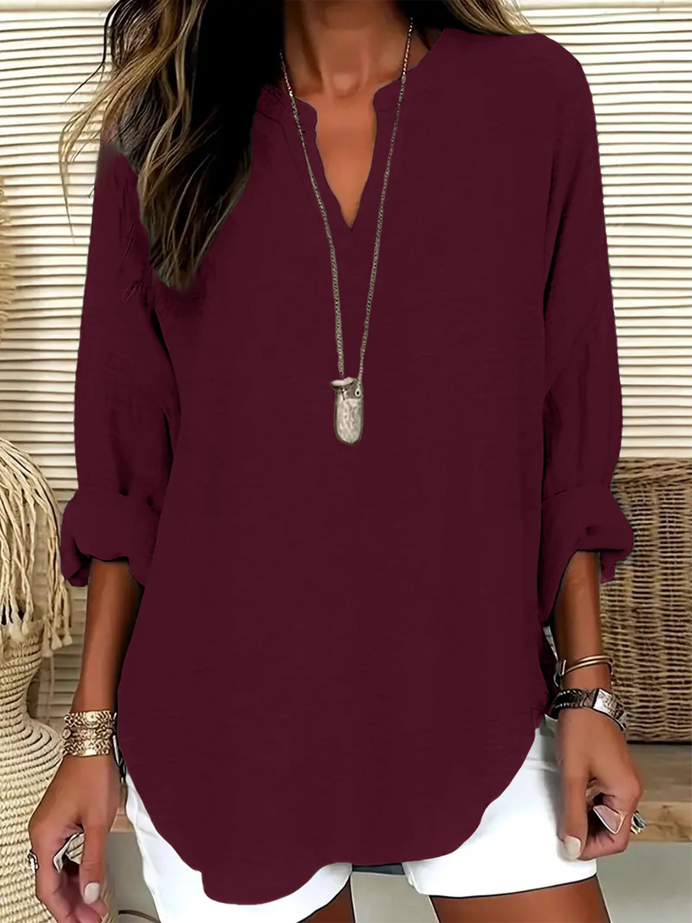 Women's V-neck Drop-shoulder Long-sleeve T-shirt Lootquake LLC