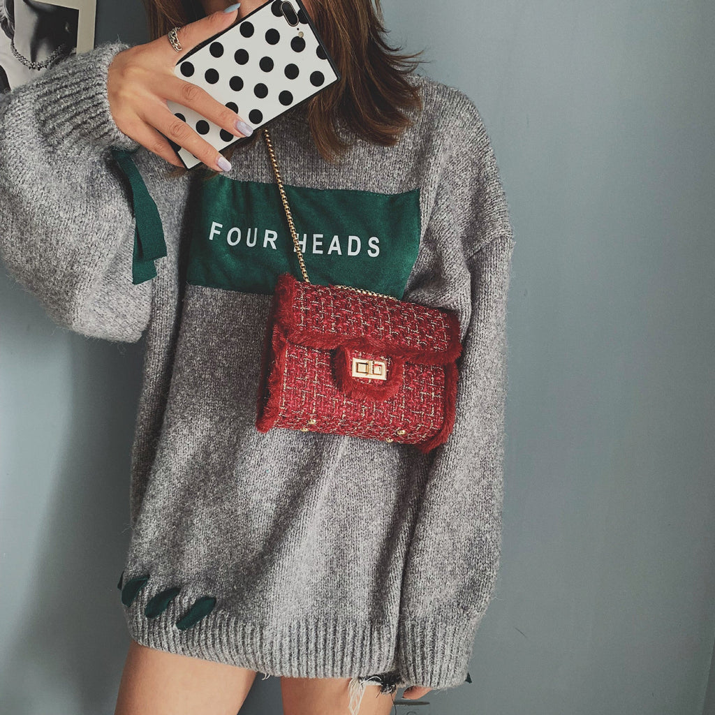 Small chain bag lock closure 2025 autumn and winter with synthetic fur decoration X9178 - SJB-DIAMOND ELITES