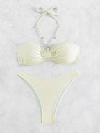 Sexy Solid Neck Ladies Beach bikini Ruched Bust Halter Bikini Swimsuit