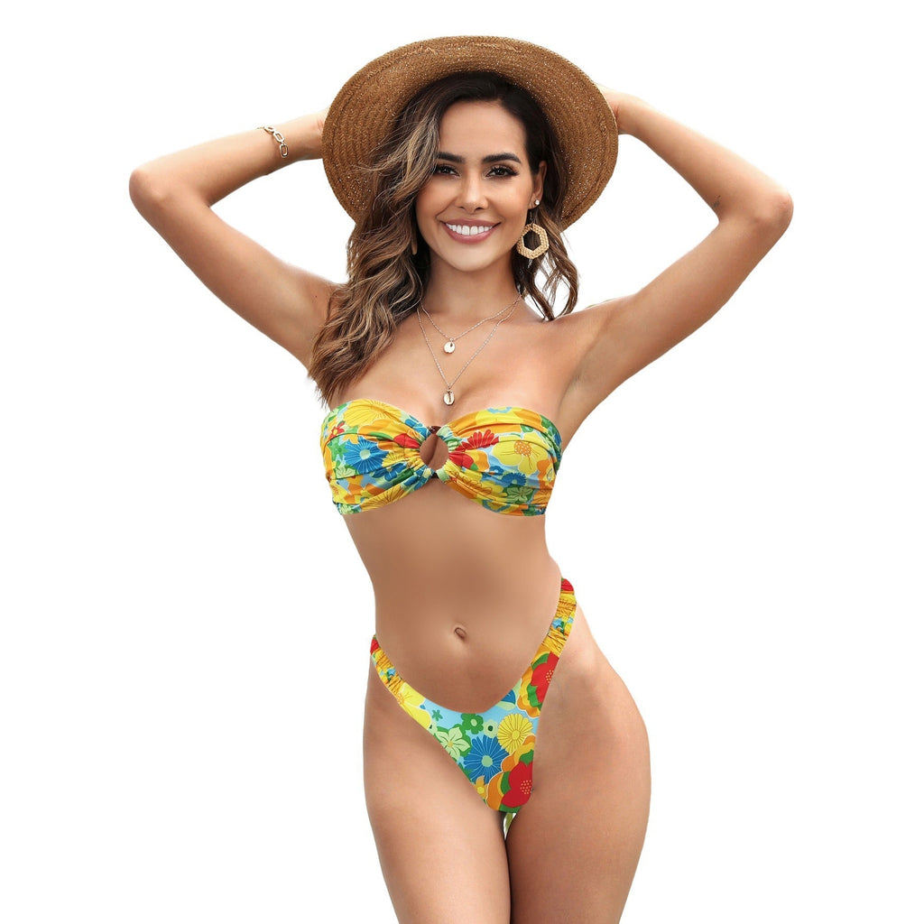 Tube Top Pumping Pleated Bikini Female Sexy Halter High Waist Thickened Split Swimsuit