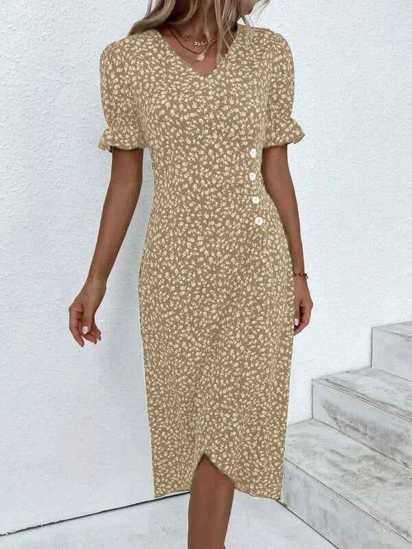 Slim-fit Women's Geometric Collage Bubble Sleeves Irregular hem Dress Sub Female Split Dress Summer Floral dress