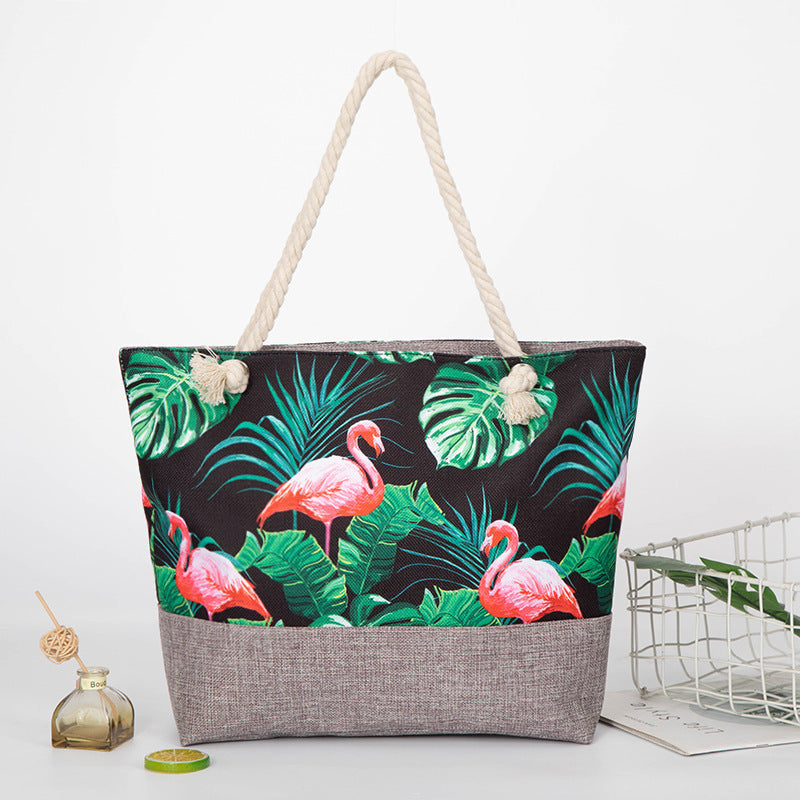 large capacity hemp rope linen ink printing shopping bag beach bag red-crowned crane shoulder seaside handbag women hobo - SJB-DIAMOND ELITES