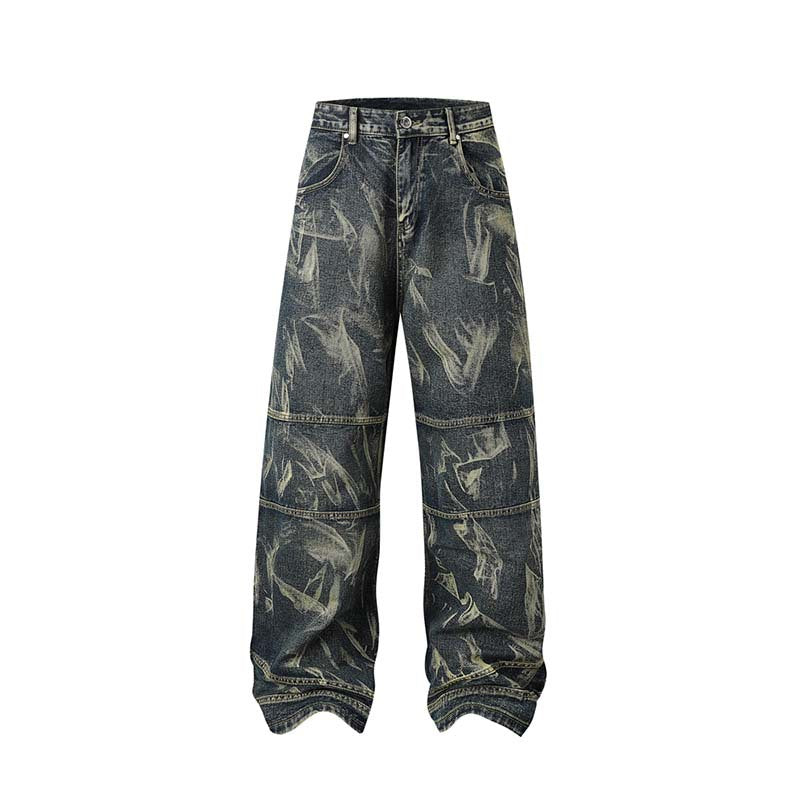 Street Fashion Hip Hop Inkjet Washed Distressed Stitching Straight Jeans Lootquake LLC