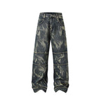 Street Fashion Hip Hop Inkjet Washed Distressed Stitching Straight Jeans Lootquake LLC