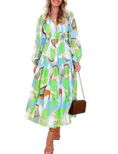 Bohemian female Long Lantern Sleeves Dress-Boho deep V printing high waist casual dress for women