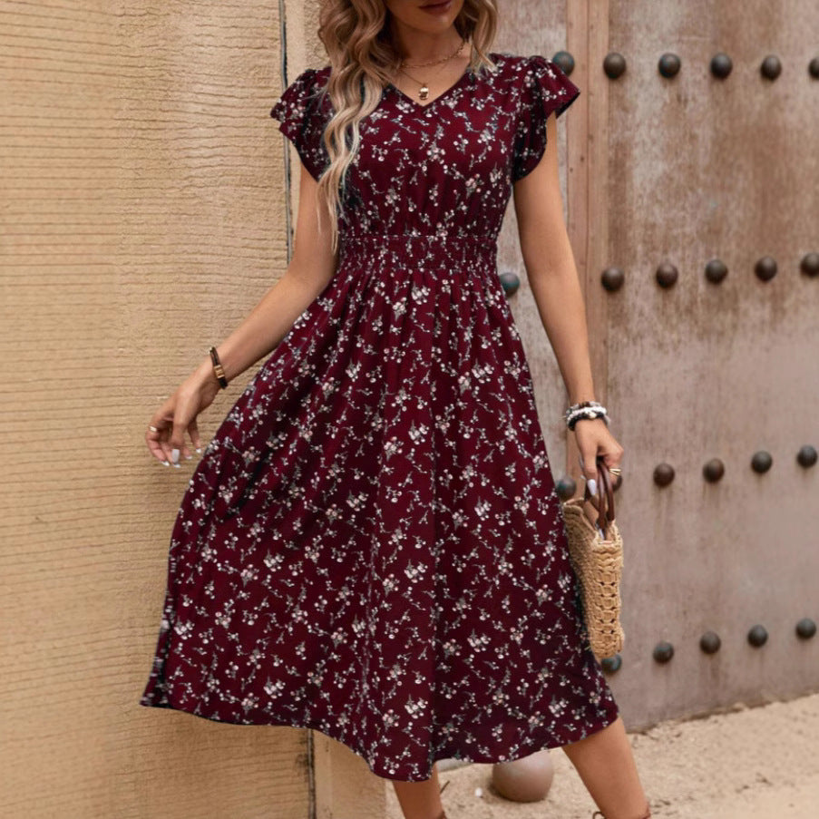 Fashion Elegant Women's V-neck Belted Ruffle Sleeve Print Dress Lootquake LLC