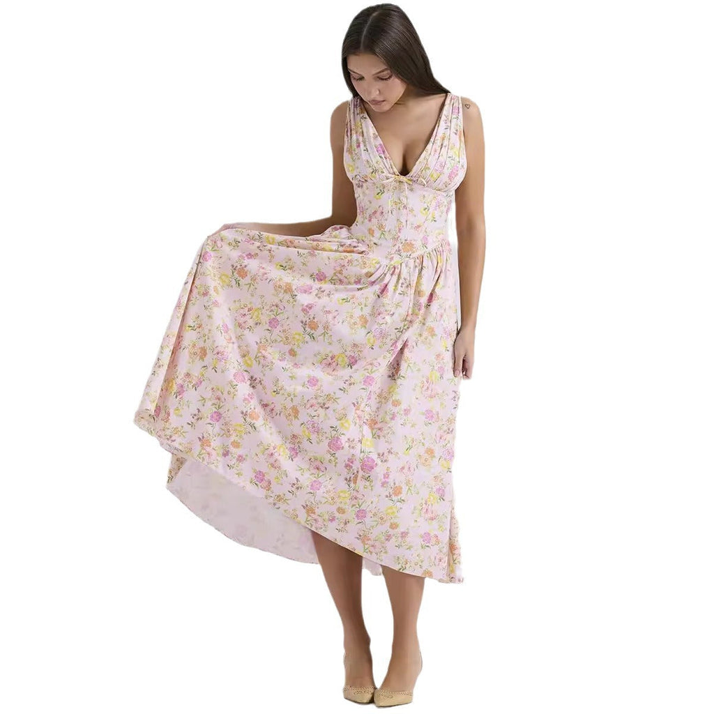 Summer Slim Suspender Long Dress Fashion Printed V-Neck Temperament Dress