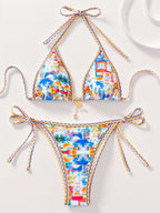 Hemming contrasting print strap sexy bikini split swimsuit Batwing Short Sleeve Shirt W Plants Print
