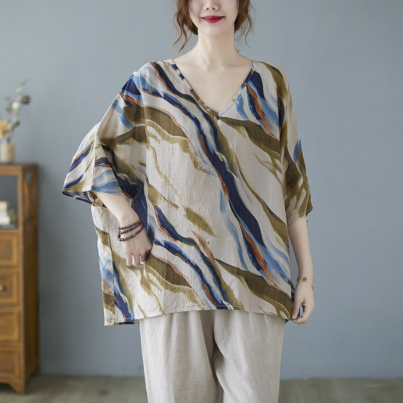 Cotton And Linen Art Batwing Sleeve Shirt Lootquake LLC
