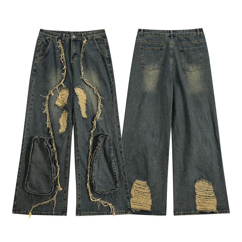 High Street Re-niche Deconstruction Tassel Hole Denim Men's Pants Lootquake LLC