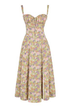 Sleeveless Strapless Bandage Corset Dress - Floral Print Long Midi Dress with Lace Up Back & Thigh Slit