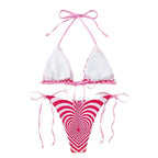 Love Wave Print Neck Buckle Halter Sexy High Waist Split Bikini Swimsuit Striped Halter Backless Bikini Beach Swimwear