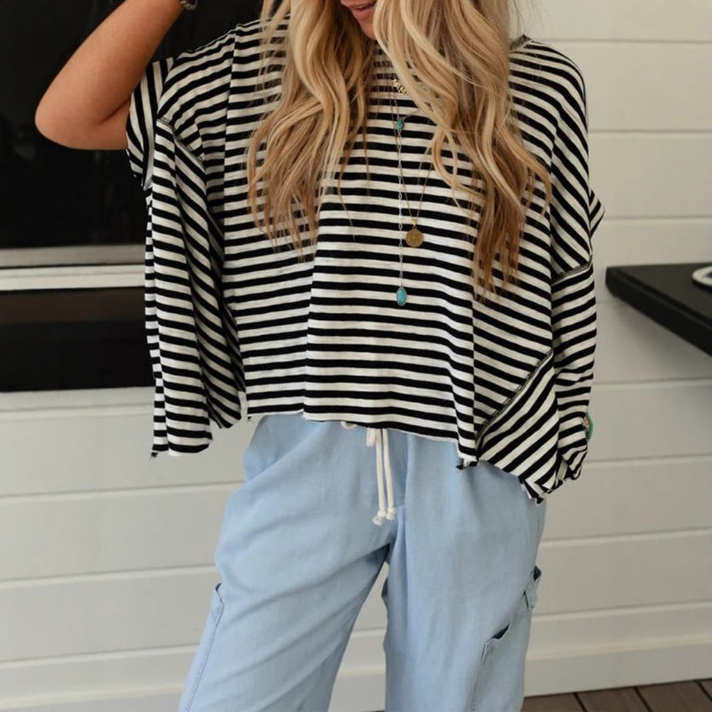 Round Neck Striped Printed T-Shirt Lootquake LLC