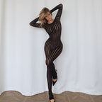 Sexy perspective summer perspective onesie fashion seamless striped jacquard one-piece long-sleeved one-piece trousers