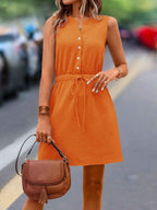 Casual Woven Button Lace Up Waist Solid Color Sleeveless Dress Solid Button Drawstring Waist Dress