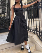 Floral Midi Corset Dress with Square Neck - Women's Smocked Lace-Up Sundress for Wedding Guest & Beach Holiday Parties
