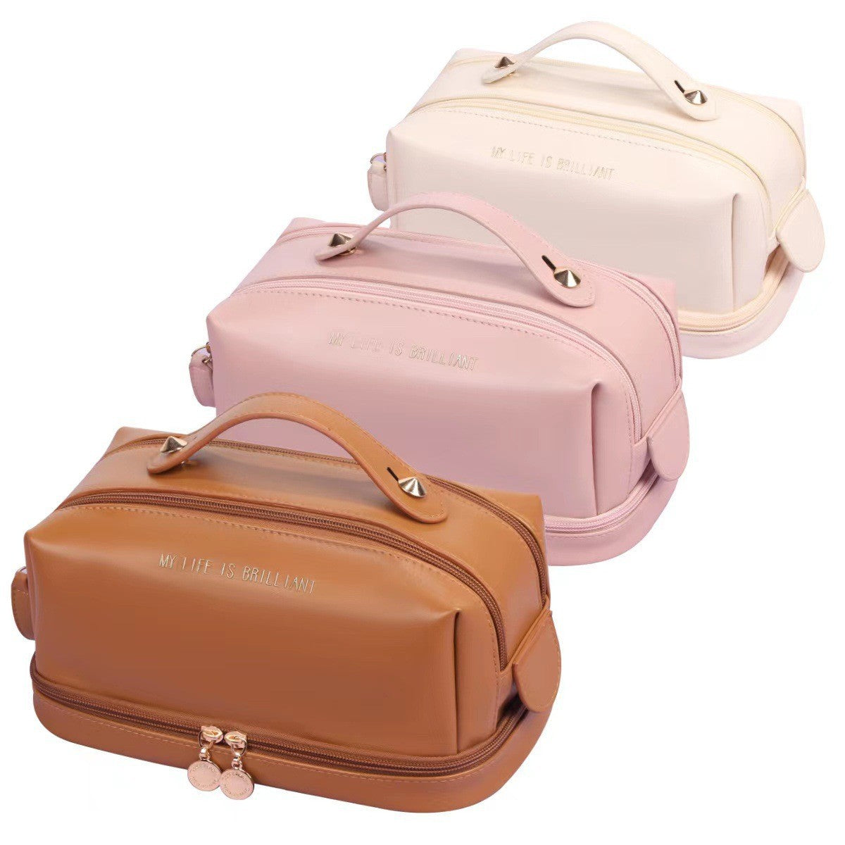 Double layer double zipper makeup bag for women,Large capacity women's cosmetic bag, PU leather toilet bag, cosmetic storage bag, makeup bag organizer, - SJB-DIAMOND ELITES