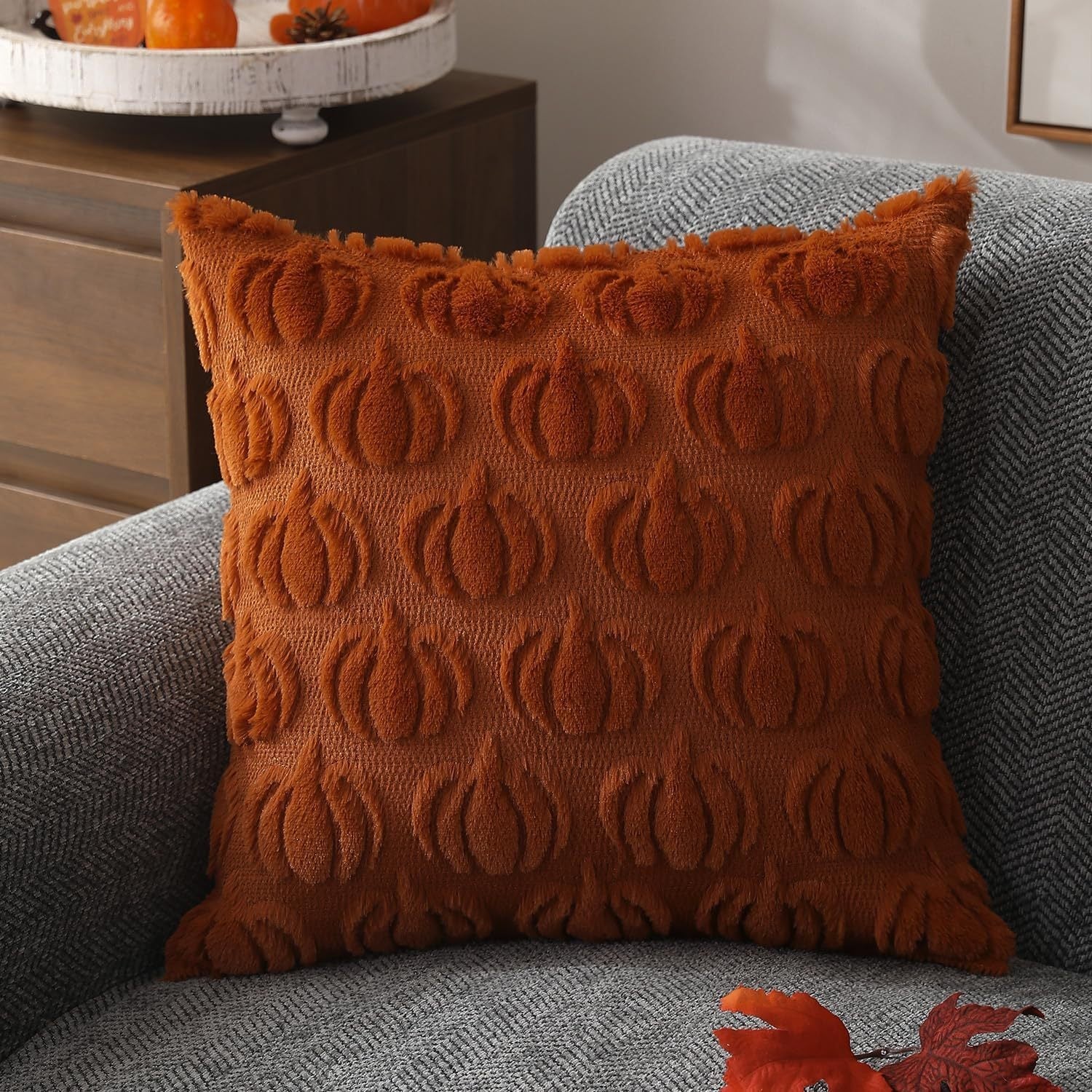 Pumpkin Fall Throw Pillow Covers - Set of 2 Rust Red Faux Fur Pillow Cases - SJB-DIAMOND ELITES