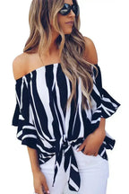 Off The Shoulder Vertical Black White Stripes Blouse - SJB-DIAMOND ELITES