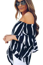 Off The Shoulder Vertical Black White Stripes Blouse - SJB-DIAMOND ELITES