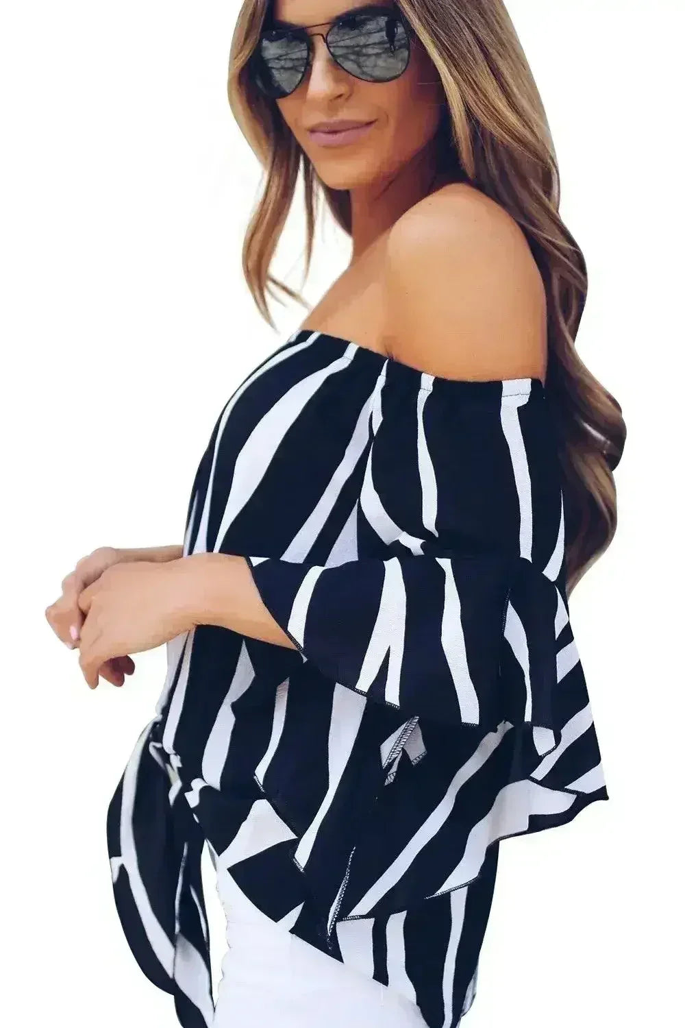 Off The Shoulder Vertical Black White Stripes Blouse - SJB-DIAMOND ELITES