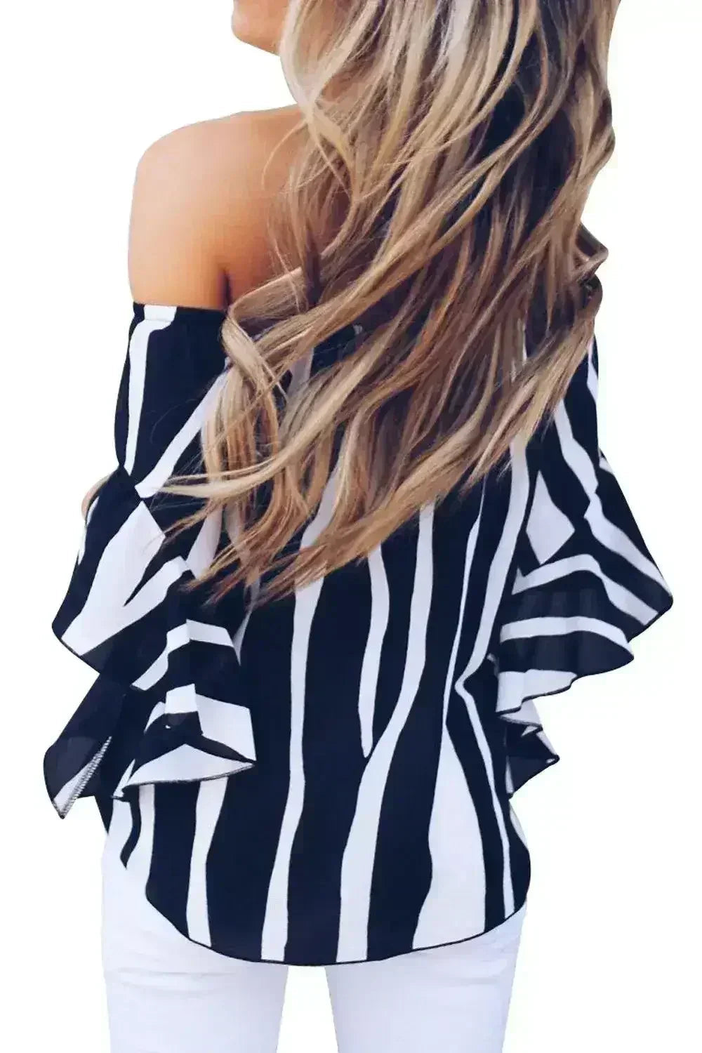 Off The Shoulder Vertical Black White Stripes Blouse - SJB-DIAMOND ELITES