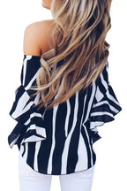 Off The Shoulder Vertical Black White Stripes Blouse - SJB-DIAMOND ELITES