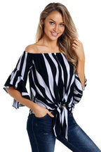 Off The Shoulder Vertical Black White Stripes Blouse - SJB-DIAMOND ELITES