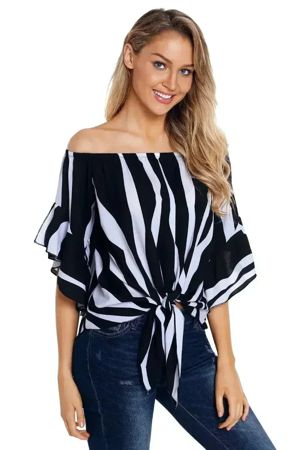Off The Shoulder Vertical Black White Stripes Blouse - SJB-DIAMOND ELITES