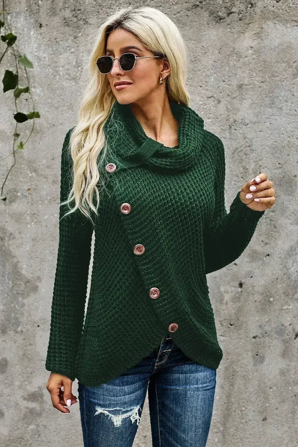 Olive Green Buttoned Wrap Turtleneck Sweater - SJB-DIAMOND ELITES