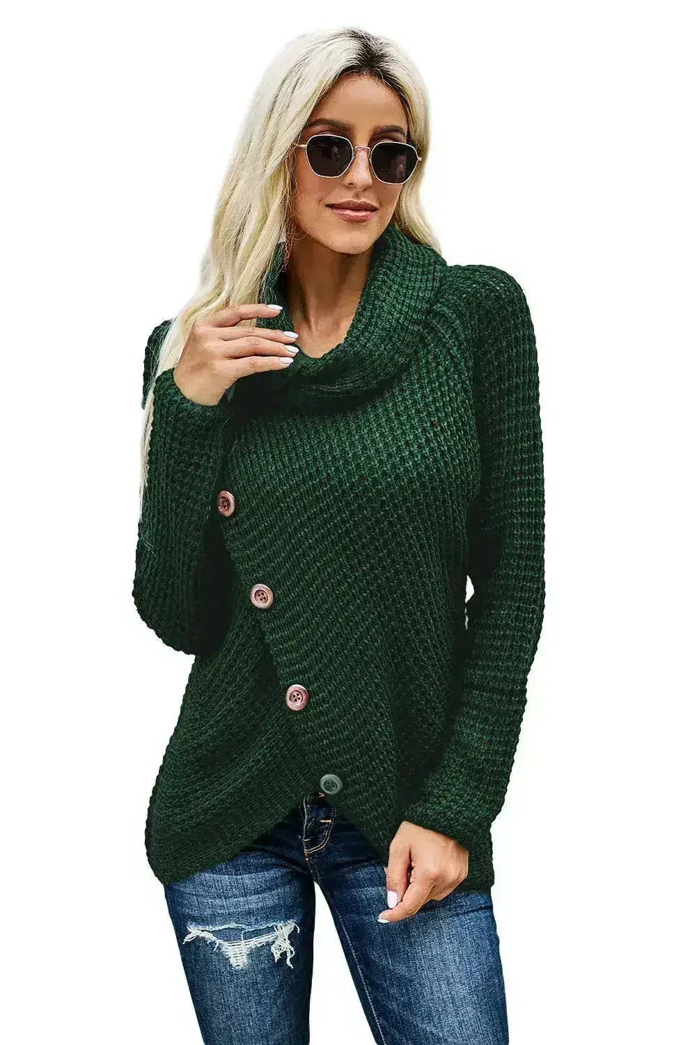 Olive Green Buttoned Wrap Turtleneck Sweater - SJB-DIAMOND ELITES