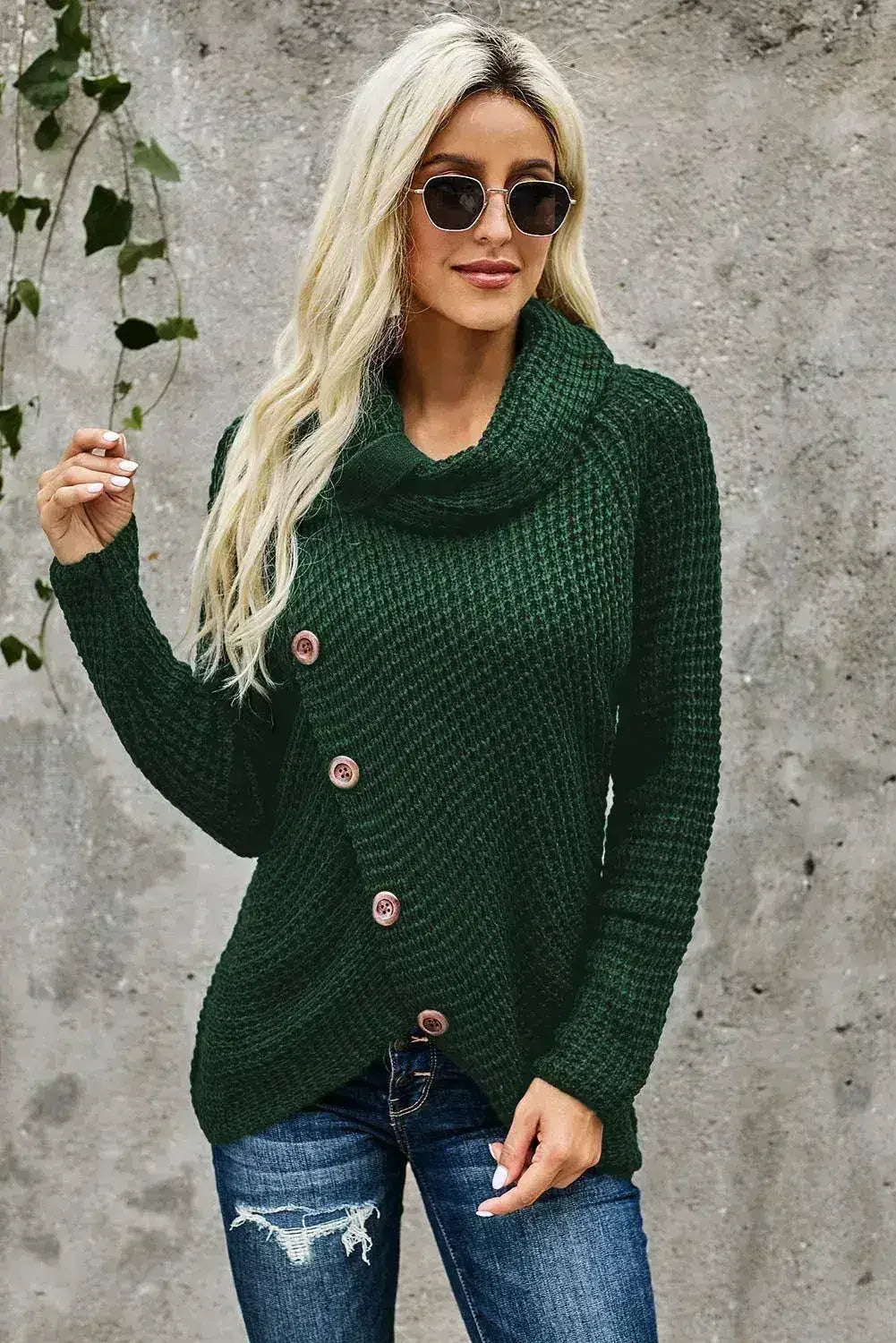 Olive Green Buttoned Wrap Turtleneck Sweater - SJB-DIAMOND ELITES