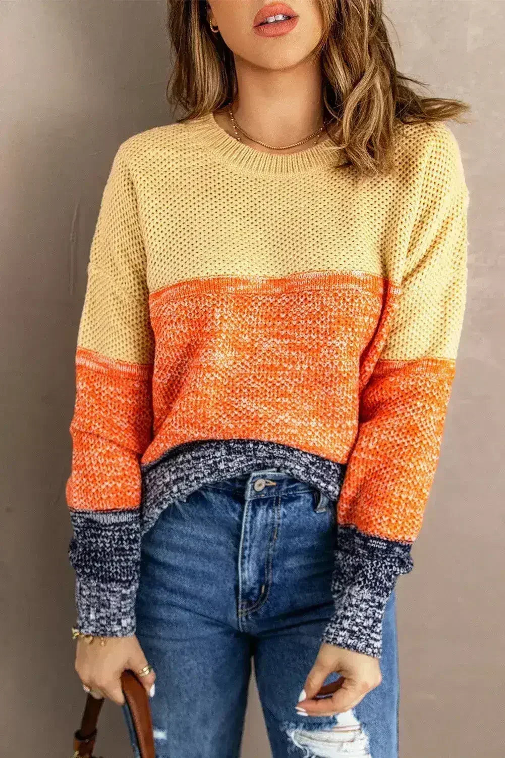 Orange & Blue Color Block Sweater | Women’s Winter Knit | Femstylo - SJB-DIAMOND ELITES