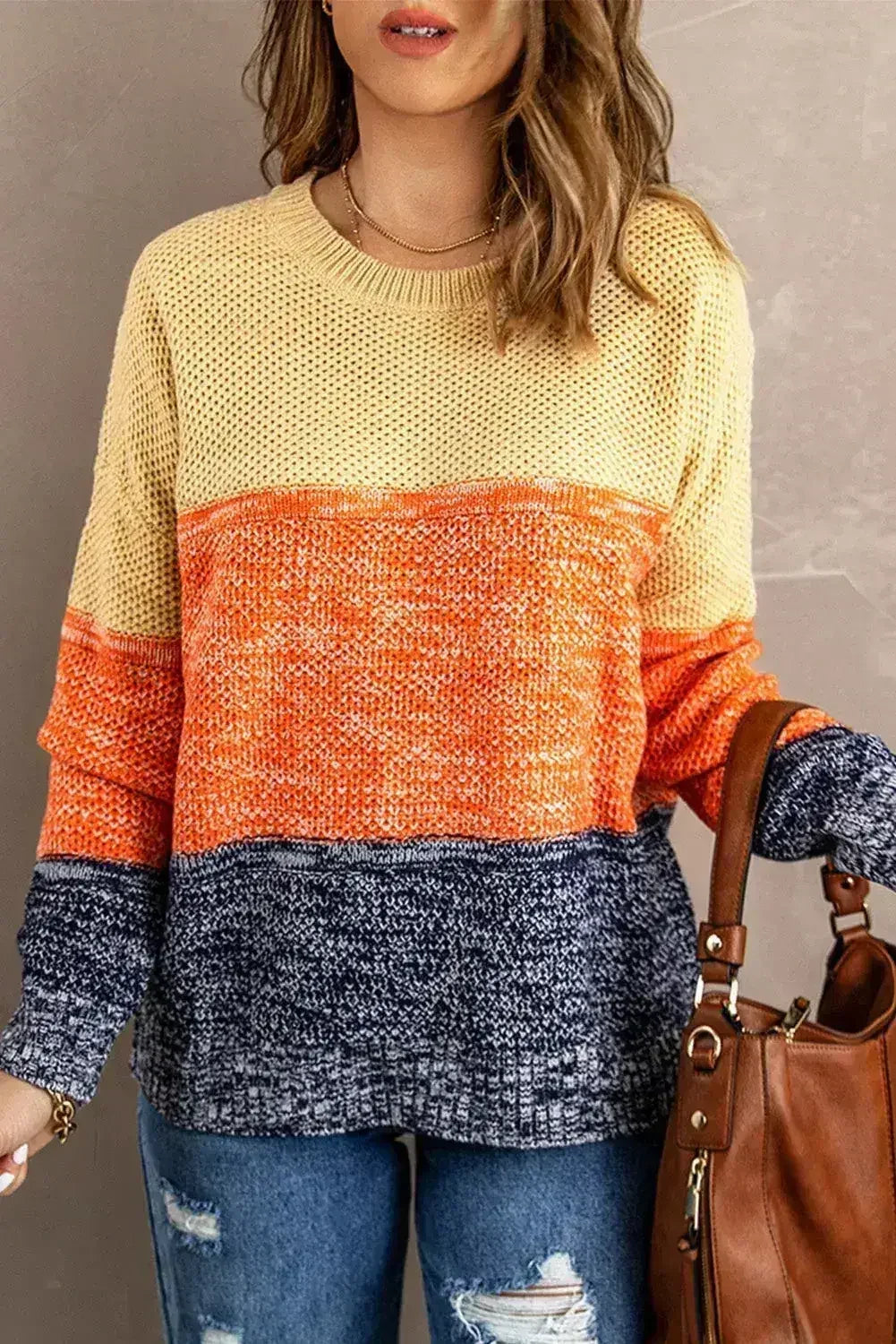 Orange & Blue Color Block Sweater | Women’s Winter Knit | Femstylo - SJB-DIAMOND ELITES